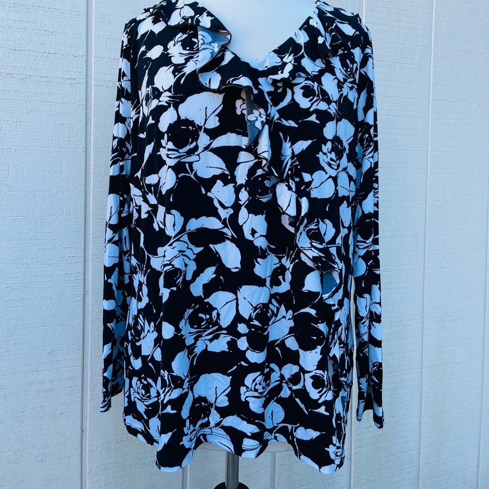 I.N.C Back White Floral RUFFLE FRONT fitted Blouse shirt Made In Korea 1X